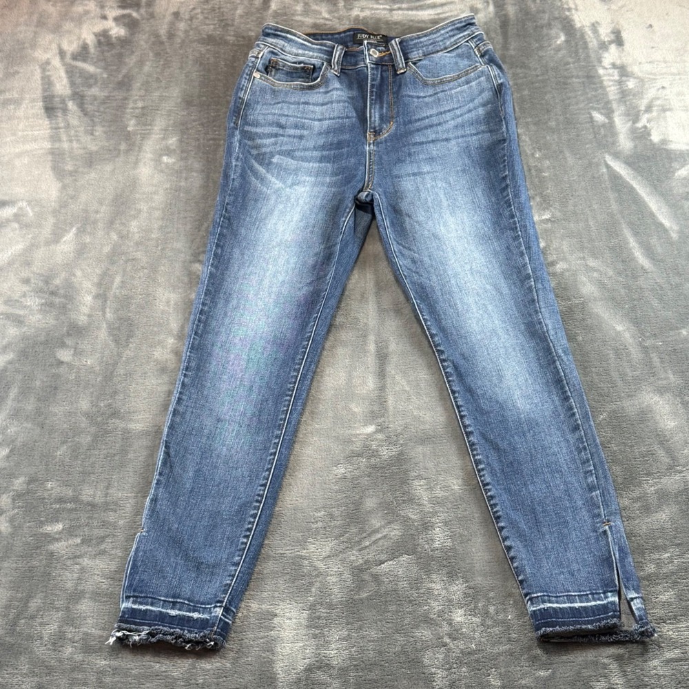 Judy‎ Blue Skinny Fit Jeans Womens 5/27 Medium Wash Raw Hem Side Slit High Rise